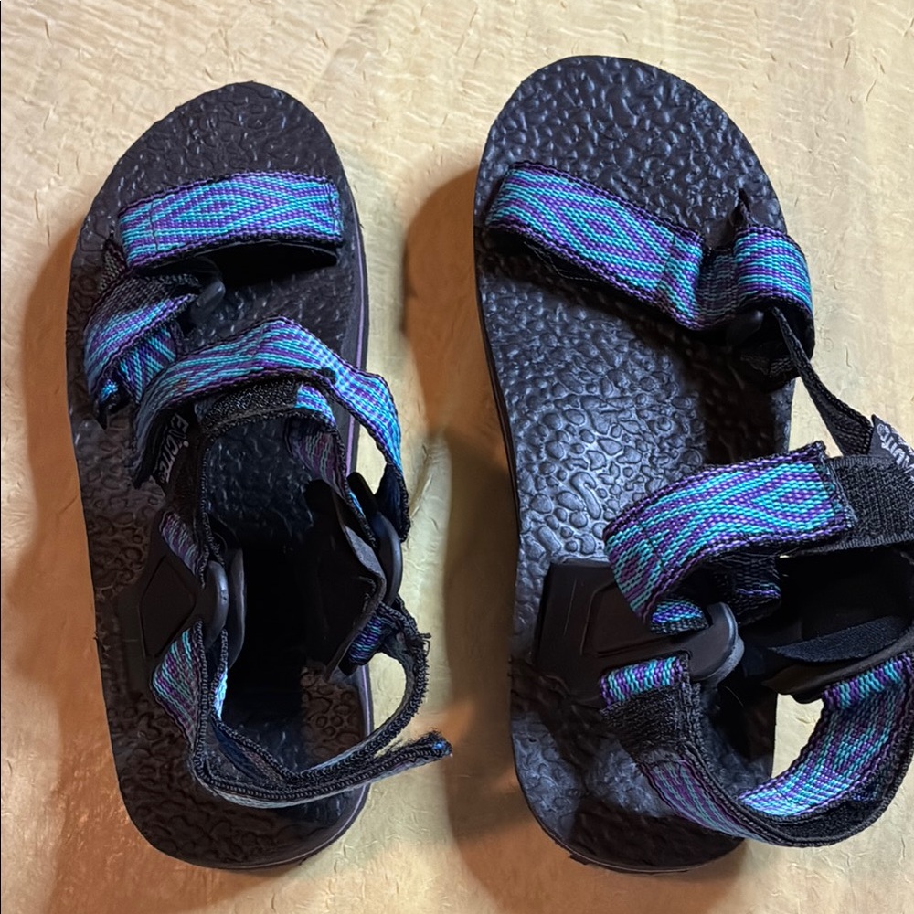 Excite Rubber Sandals with Blue and Purple Straps, Size 7